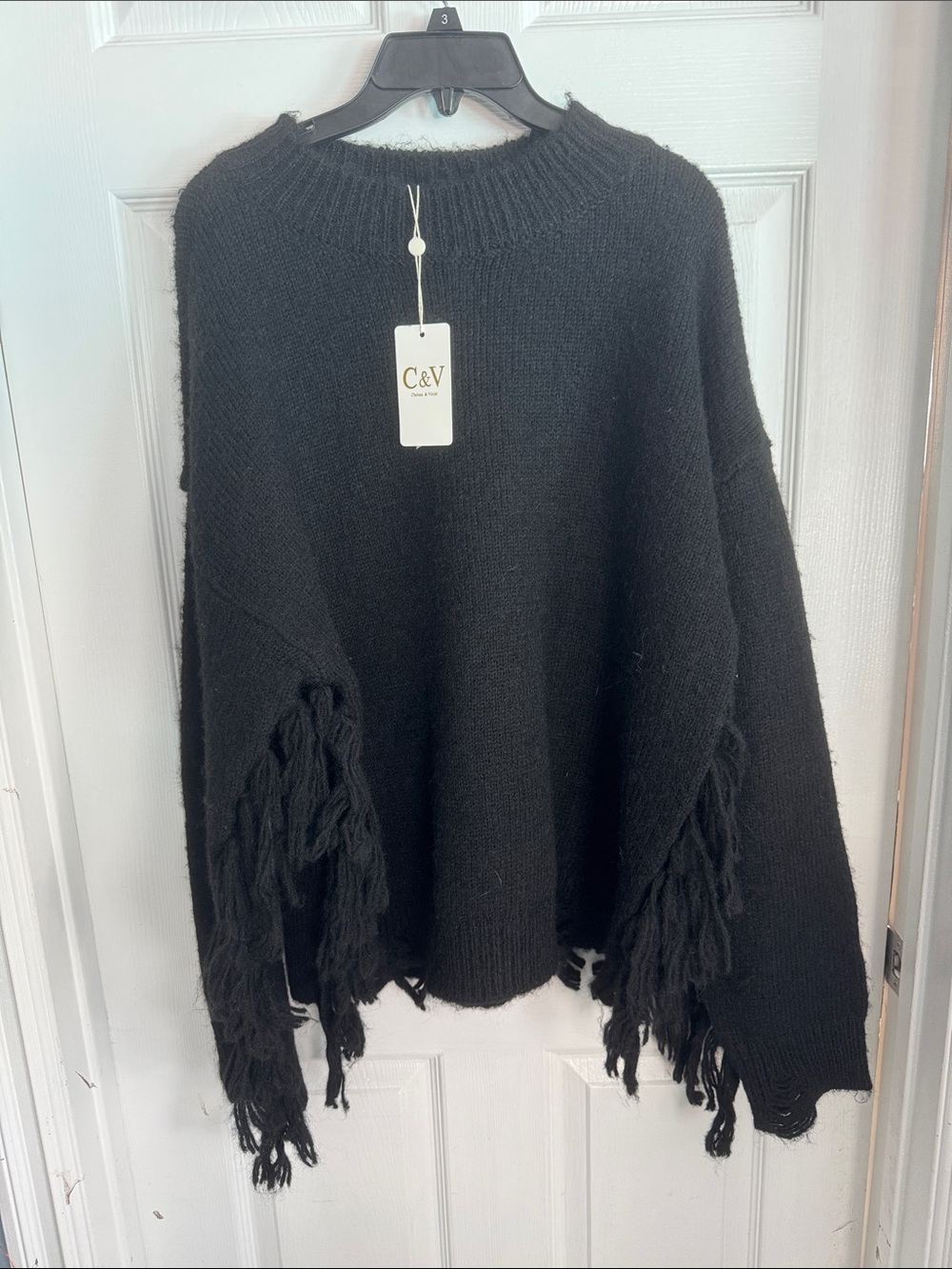 Black Fringe-Trim Crewneck Sweater - Women's